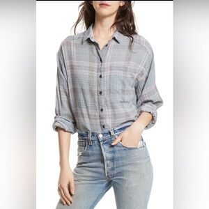 Free People Womens Size XS Gray Cutie Plaid Top Button Down Collar Shirt